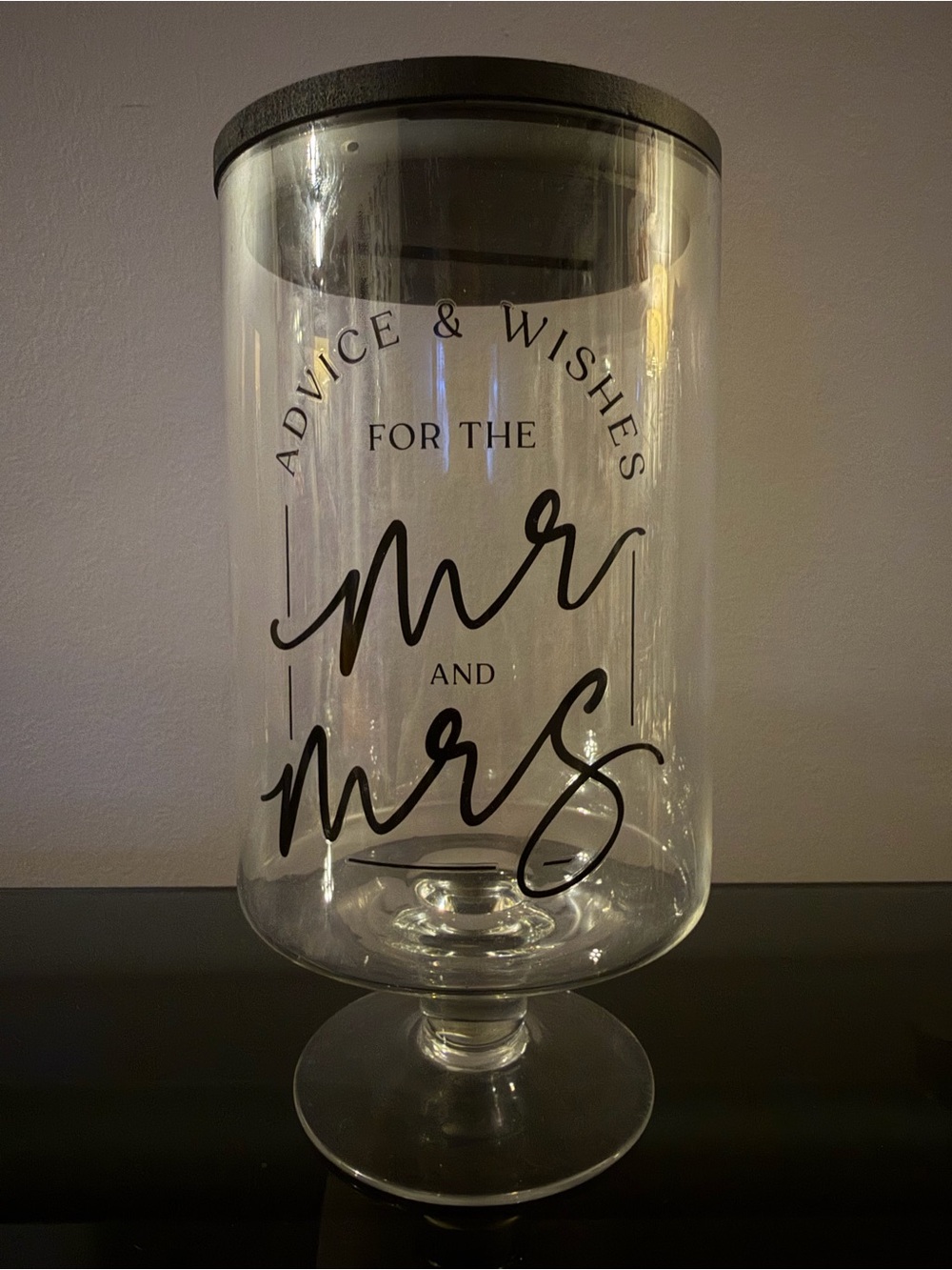 Clear 'Advice & Wishes for the Mr and Mrs' Glass Wedding Pedestal Jar